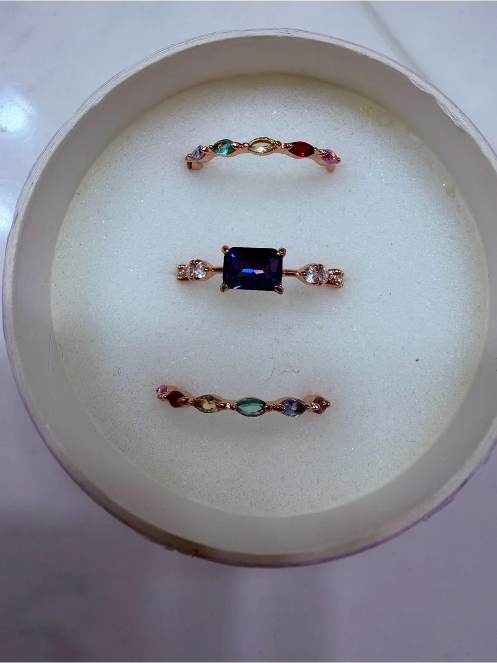 Rose Gold Multicolor Gemstone Ring Set with Deep Blue Center Stone